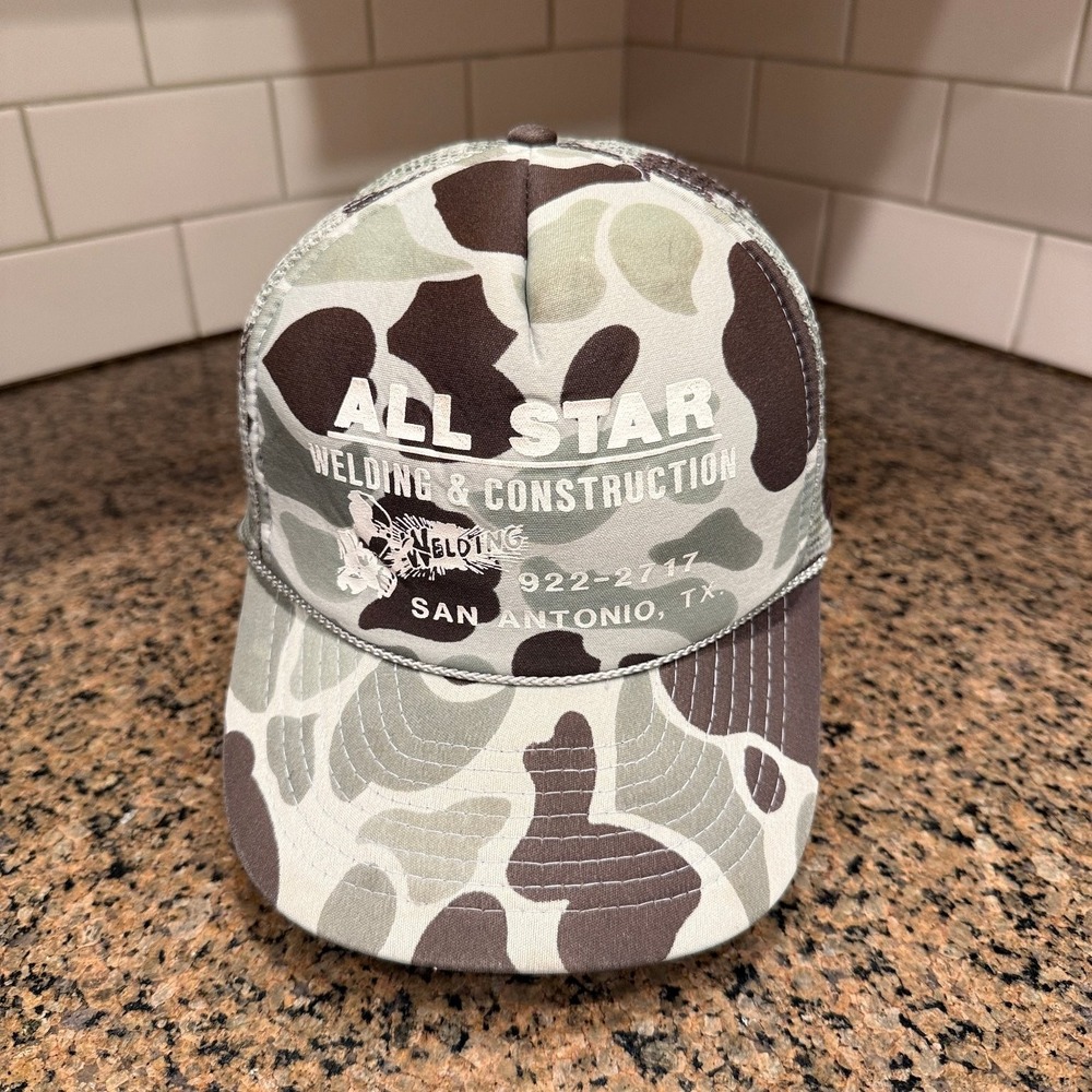 Vtg All Star Welding Construction TX NISSIN Trucker Hat Duck Camo Snapback